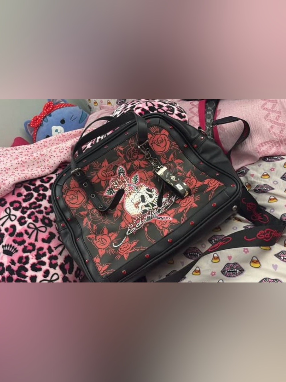 Ed Hardy Black Tote with Red Rose & Skull Design